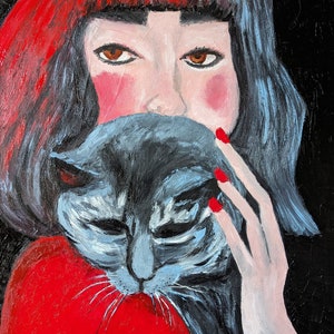 Peinture sur toile. Style expressionniste – Étreinte intime. Portrait d'un chat et d'une fille.