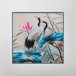 King silk art handmade embroidery wildlife birds two cranes in lotus pond 31126