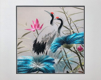 King silk art handmade embroidery wildlife birds two cranes in lotus pond 31126