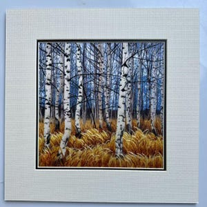 May include: A watercolor painting of a birch tree forest with white bark and brown branches. The trees are surrounded by tall, dry, golden grass.