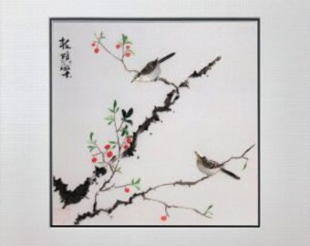 King silk art handmade embroidery wildlife two little birds sit on branch  31182