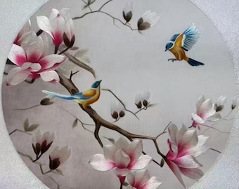 King Silk Kunst handgefertigte Stickerei Kunst《玉兰双喜》 Twin Joys of Magnolia》MB86548