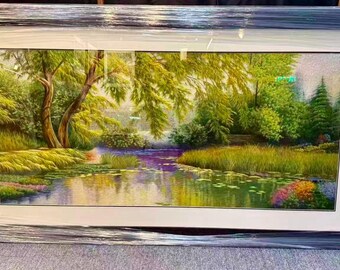 Handmade Silk Embroidery Garden Pond Wall Art, Botanical Landscape Scene (80x150cm)