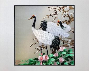 King silk art handmade embroidery wildlife birds two Cranes 31131