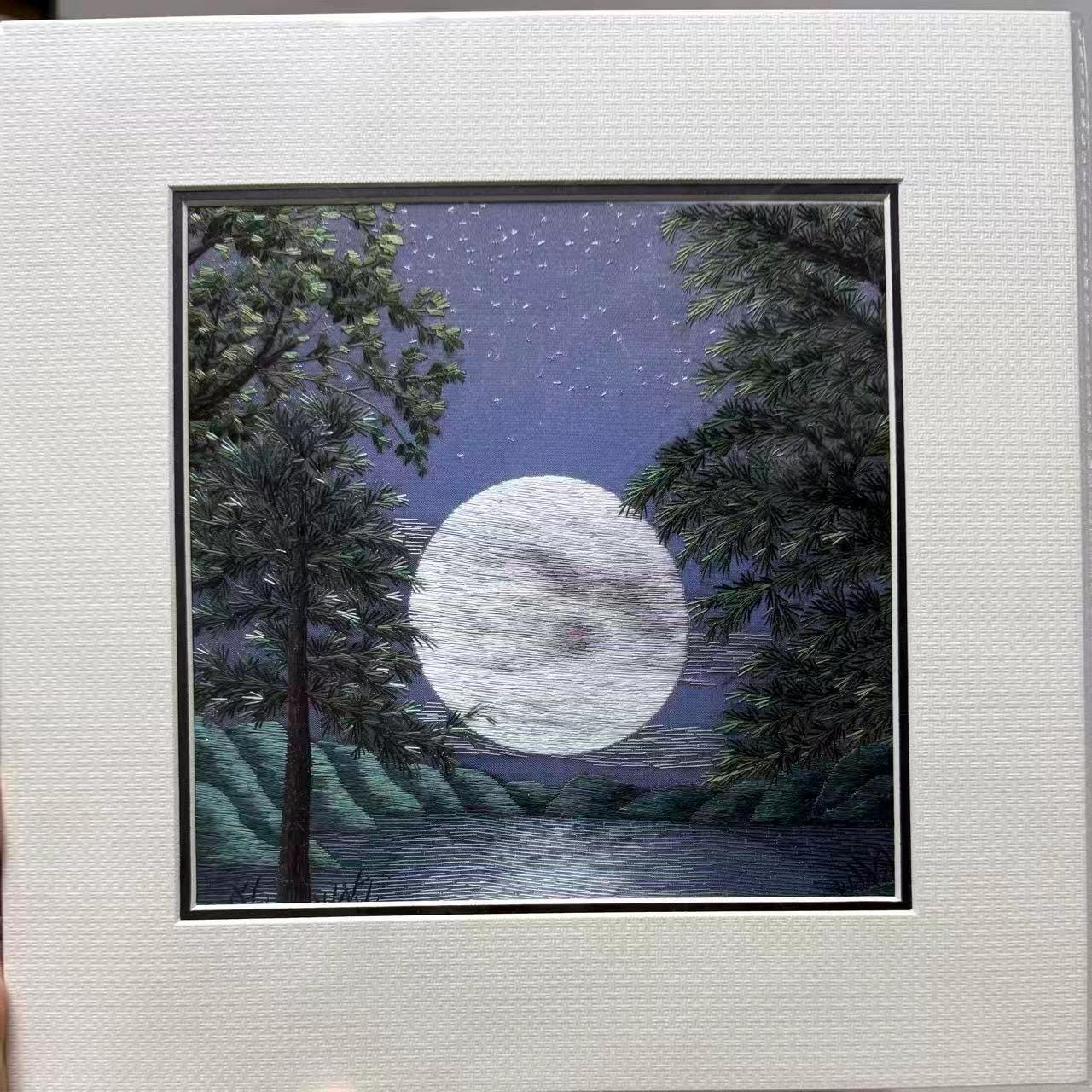 Handmade Silk Art Embroidery: Full Moon Night Landscape