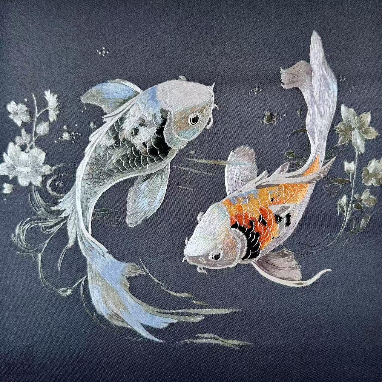 Museum Collection Handmade Silk Art Twin Koi in Harmony 《锦鲤双游