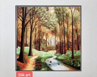Handmade Silk Embroidery Forest Stream Landscape Art, Suzhou Woodland Wall Decor (30x30cm)