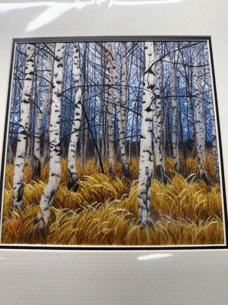 Handmade Silk Birch Forest Art, Woodland Landscape Wall Decor, Suzhou Embroidery (30x30cm) image 4