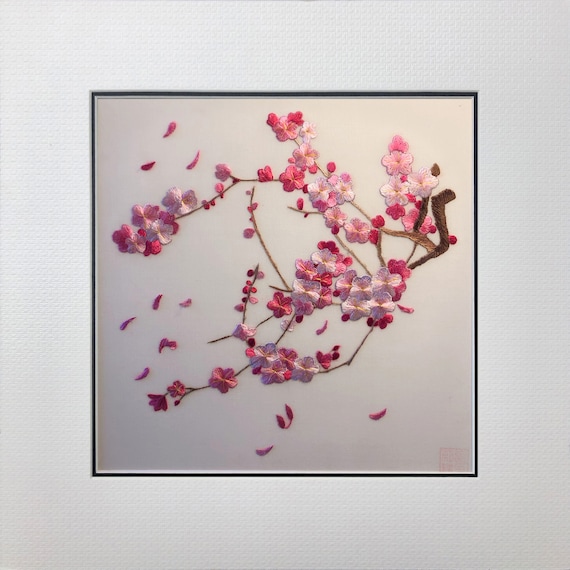 Handmade Silk Embroidery Cherry Blossom Art, Sakura Branch Wall Decor (30x30cm)