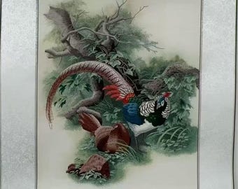 Puede incluir: Obra de arte enmarcada que presenta una detallada ilustración de dos faisanes en un entorno natural. Las aves exhiben un plumaje vibrante con acentos rojos, azules y blancos. El fondo incluye un exuberante follaje verde y ramas de árboles.