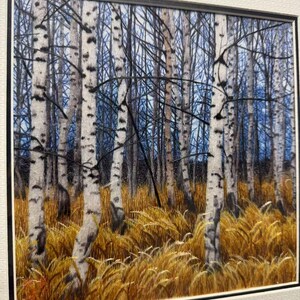 Handmade Silk Birch Forest Art, Woodland Landscape Wall Decor, Suzhou Embroidery (30x30cm) image 3