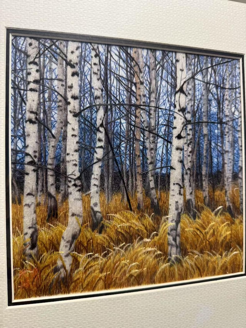 Handmade Silk Birch Forest Art, Woodland Landscape Wall Decor, Suzhou Embroidery (30x30cm) image 3