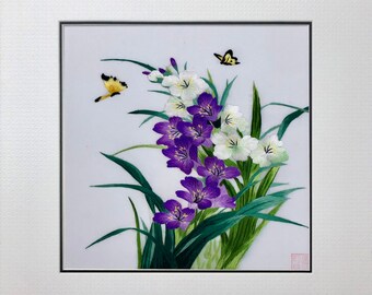 Handmade Silk Iris Flower Butterfly Garden Wall Art, Purple Floral Decor (30x30cm)
