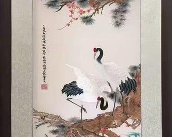 シルク刺繍の絵画 手織りシルク中国刺繍 - 8羽の鶴（120 cm X 73 cm）#2 - Etsy 日本