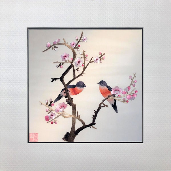 Broderie faite à la main d'art en soie, oiseaux sauvages assis sur une branche 36231