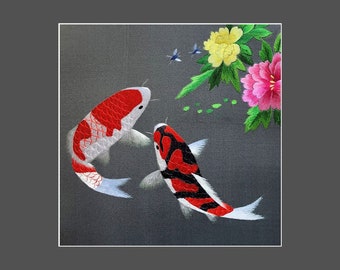 King silk art handmade embroidery wildlife two Koi fish 32012