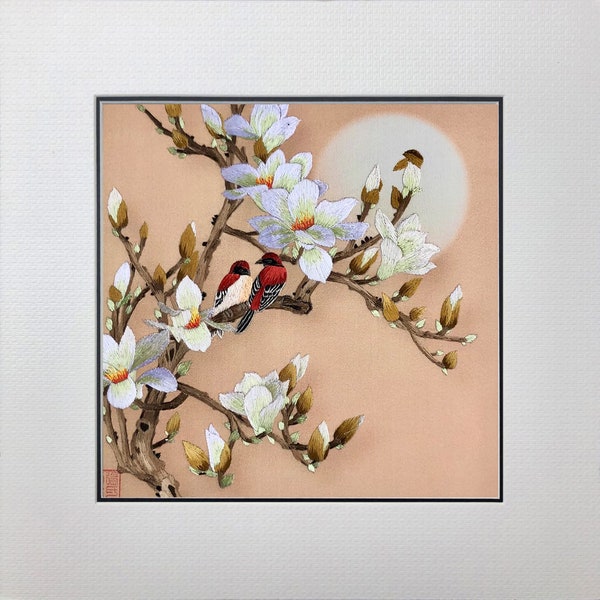 Art de la soie, broderie faite à la main, oiseaux sauvages, fleur de magnolia avec deux oiseaux 31041