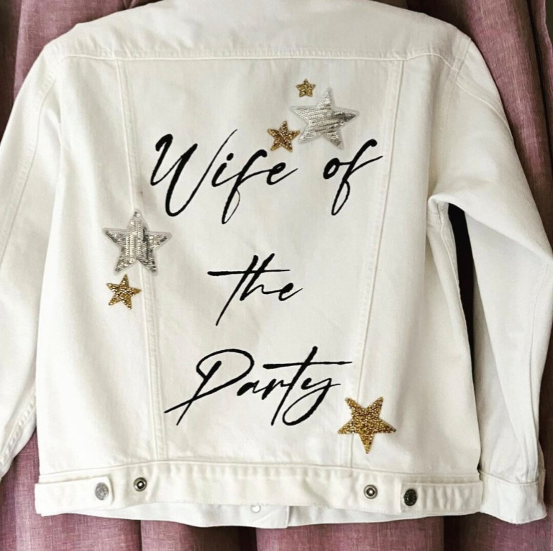 Wife of the Party Hand Painted White Denim Jacket Perfect for Hen Dos