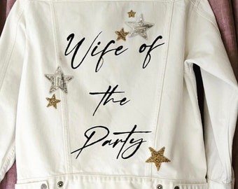 Wife of the Party hand painted white denim jacket perfect for hen dos or weddings