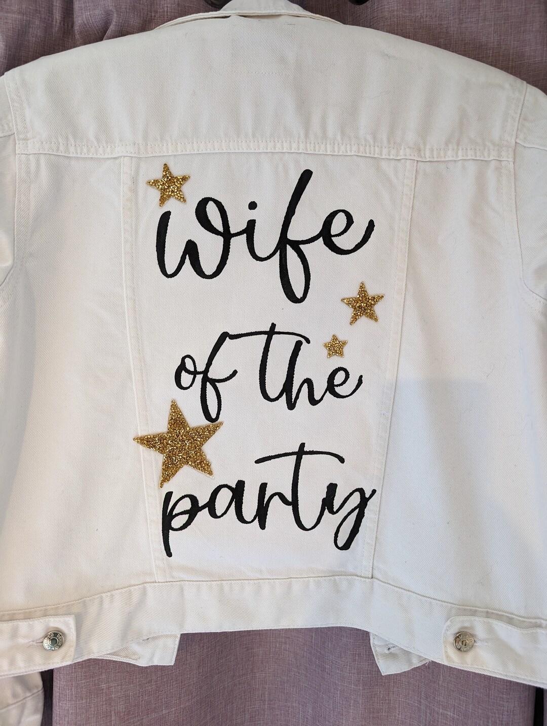 Wife of the Party Hand Painted White Denim Jacket Perfect for Hen Dos