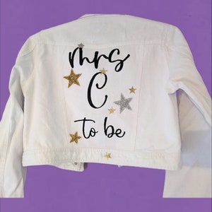 Mrs "example" to be hand painted white denim jacket perfect for hen dos or weddings