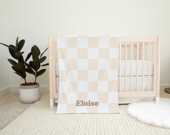 Tan Personalized Soft Fleece Baby Blanket | Aesthetic Baby Gifts | Baby Shower Gift | Neutral Checkered Blanket | Neutral Baby Swaddle