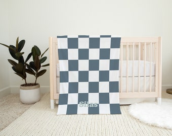 Blau Personalisierbare Babydecke aus Weichem Fleece | Ästhetische Babygeschenke | Baby Shower Geschenk | Neutrale karierte Decke | Geschlechtsneutrale Decke