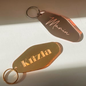 Personalized Keychain Custom Name Mirror Keychain Retro Motel Keychain Engraved Gifts Trendy Keychains Bridesmaids Gifts Gold image 1