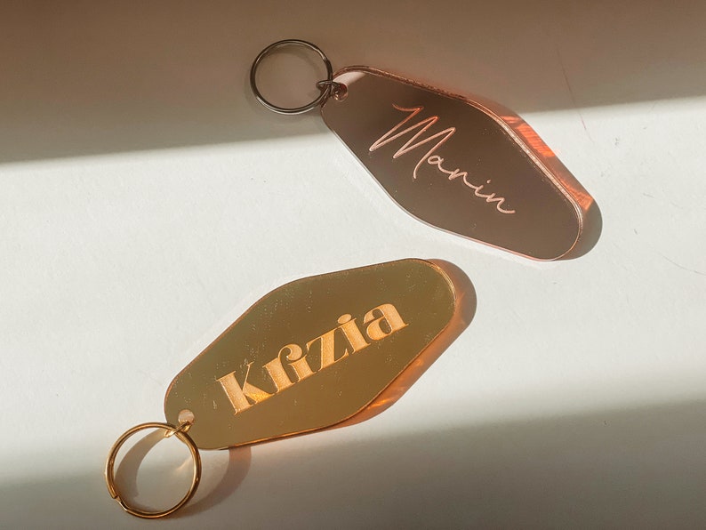 Personalized Keychain Custom Name Mirror Keychain Retro Motel Keychain Engraved Gifts Trendy Keychains Bridesmaids Gifts Gold image 1