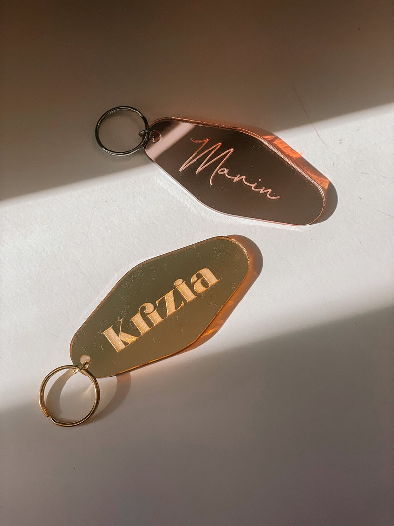 Personalized Keychain Custom Name Mirror Keychain Retro Motel Keychain Engraved Gifts Trendy Keychains Bridesmaids Gifts Gold image 9