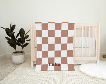 Terracotta Personalized Soft Fleece Baby Blanket | Aesthetic Baby Gifts | Baby Shower Gift | Neutral Checkered Blanket | Gender Neutral Gift