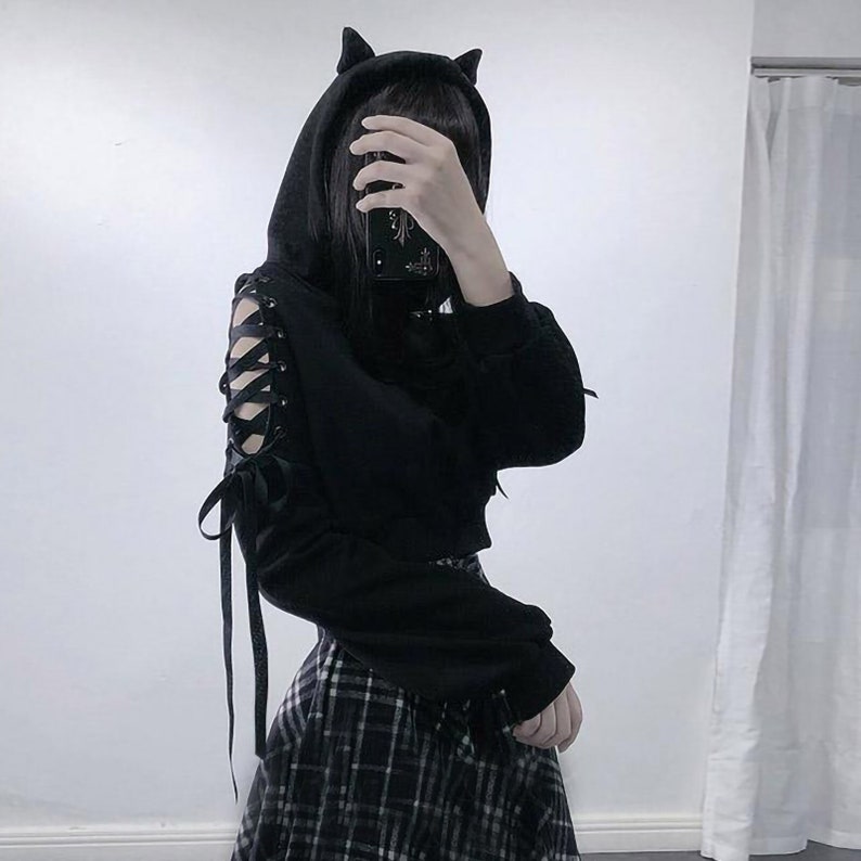 Kawaii Gothic Laceup Hoodie Gothic Cat Ears Cute Punk Etsy