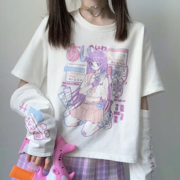 Kawai Gothic T-Shirt Langarm Lila Schwarz Weiß Emo Style, Gothic, Anime, Punk, Fairy Grunge Goth Egirl Cat Harajuku Tees