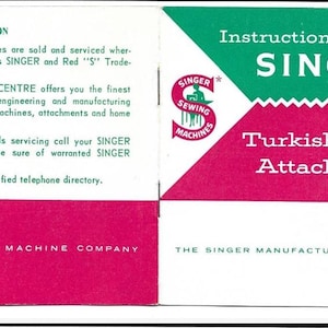 Puede incluir: Instrucciones para usar el accesorio Turkish Point de Singer. El folleto presenta un fondo blanco con secciones verdes y magenta. El texto incluye "Instrucciones para usar SINGER" y "Turkish Point Attachment".