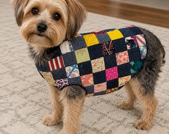 Handmade Patchwork Quilted Dog Jacket | Small Breed Upcycled Dog Coat, Velcro Closure