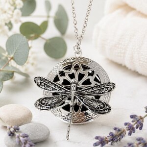 May include: A silver-toned circular locket pendant on a matching chain, featuring an intricate dragonfly overlay with textured wings. The locket has a cut-out floral pattern revealing a dark interior, suspended from a delicate metal link chain.