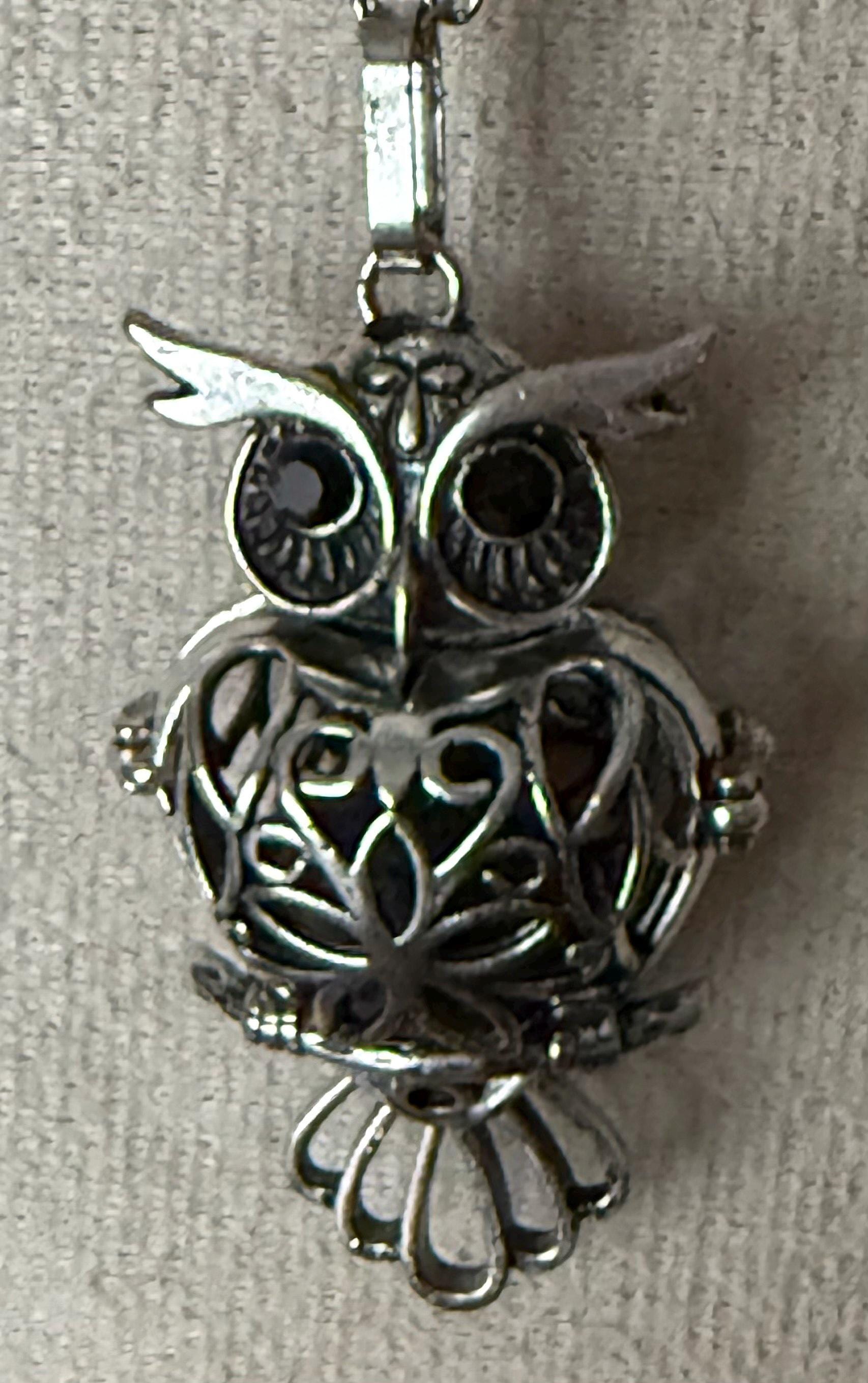 Ornate Owl Locket Necklace: Lava Stone Diffuser Pendant