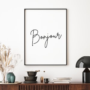 BONJOUR | Digital Art Print | Black & White Wall Art | Minimalist Art Print | French Quote