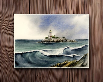 ORIGINAL- Watercolor Lighthouse Illustration, Seascape Painting, Nature Inspired Art