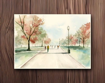 ORIGINAL- Watercolor Street Park Illustration, Park Stroll Painting, Figures Inspired Art