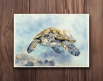 ORIGINAL- Watercolor Turtle Illustration, Sea Landscape, Ocean Nature Painting