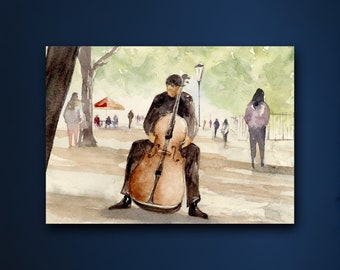 PRINT- Watercolor Street Musician Illustration, Cello Player Painting, Music Inspired Art