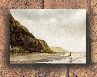 Watercolor Beach Surfer Print, Sea and Sky Landscape, Watercolor Figure Painting, Coastal Art Print, Ocean Seascape Painting