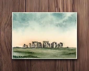 ORIGINAL- Watercolor Stone Henge Illustration, Landscape Painting, Nature Inspired Art