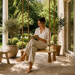 May include: A wooden swing seat suspended by thick, natural-coloured jute ropes with decorative tassels at the bottom corners. The swing features a smooth, light-toned rectangular wooden plank designed for outdoor seating and relaxation.