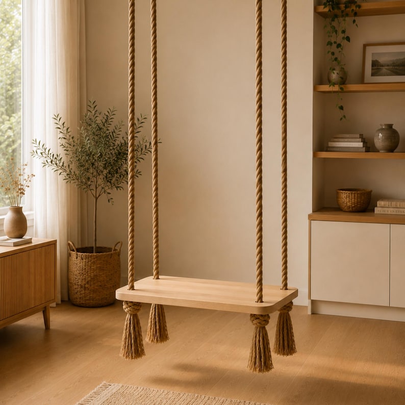 May include: A rectangular light-toned wooden swing seat suspended by four thick, natural-coloured twisted jute ropes. Each rope features a decorative knotted tassel hanging below the seat, providing a stable and functional hanging platform.