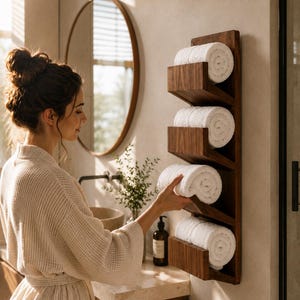 Könnte beinhalten: Ein vertikaler, an der Wand montierter Handtuchhalter aus Holz mit vier offenen Fächern, in denen jeweils ein ordentlich gerolltes weißes Handtuch liegt. Das Regal besteht aus dunkelbraunem Holz mit sichtbarer Maserung zur Aufbewahrung.