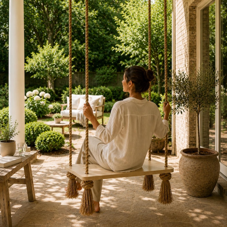 May include: A wooden swing seat suspended by thick, natural-coloured twisted rope with decorative knotted tassels at each corner. The swing features a smooth, light-toned rectangular wooden plank, providing a stable seat for outdoor relaxation.