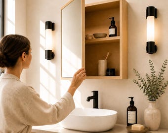 Square Bathroom Mirror Cabinet | Hidden Bathroom Storage | Scandinavian Wooden Medicine Cabinet Mirror