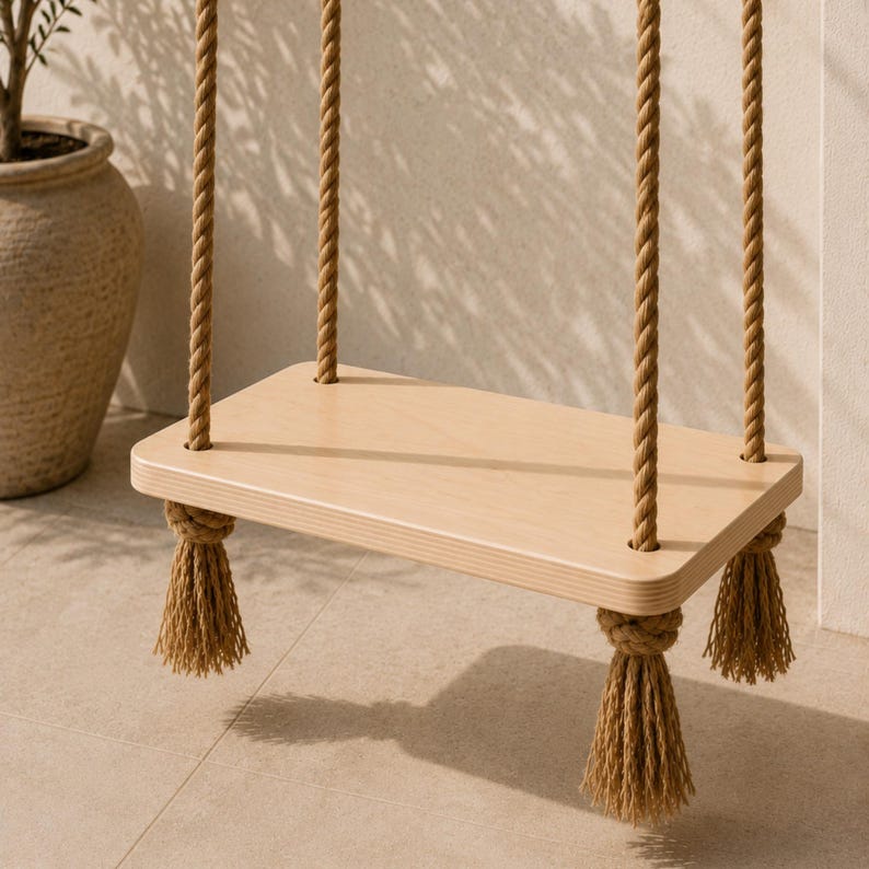 May include: A rectangular light-coloured wooden swing seat suspended by four thick, twisted tan jute ropes. Each rope passes through a corner hole in the seat and is secured underneath with a large, decorative knot that ends in a frayed tassel.